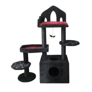 Dark-colored Medium and Small Cat Tree With Large Platform, Ladder in Black and Red Color Scheme with Excellent Value for Money Cat Tree